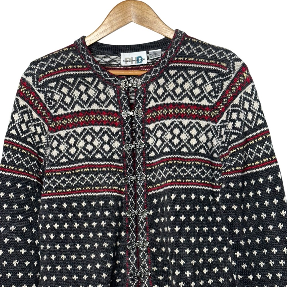 PHD Vintage 80s Ramie Cotton Toggle Scandinavian Fleur De Lis Cardigan Sweater - Picture 3 of 12